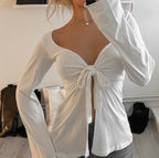 Estella Tie Front Long Sleeve Top - White
