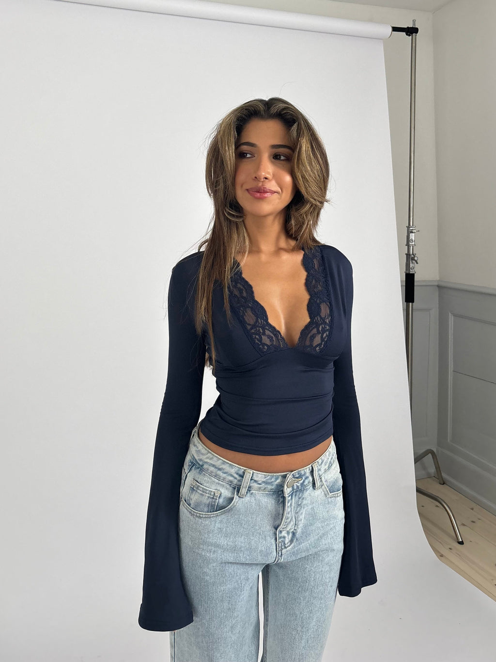 Maya Long Sleeve Lace Top - Navy Blue