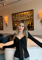 Estella Tie Front Long Sleeve Top - Black