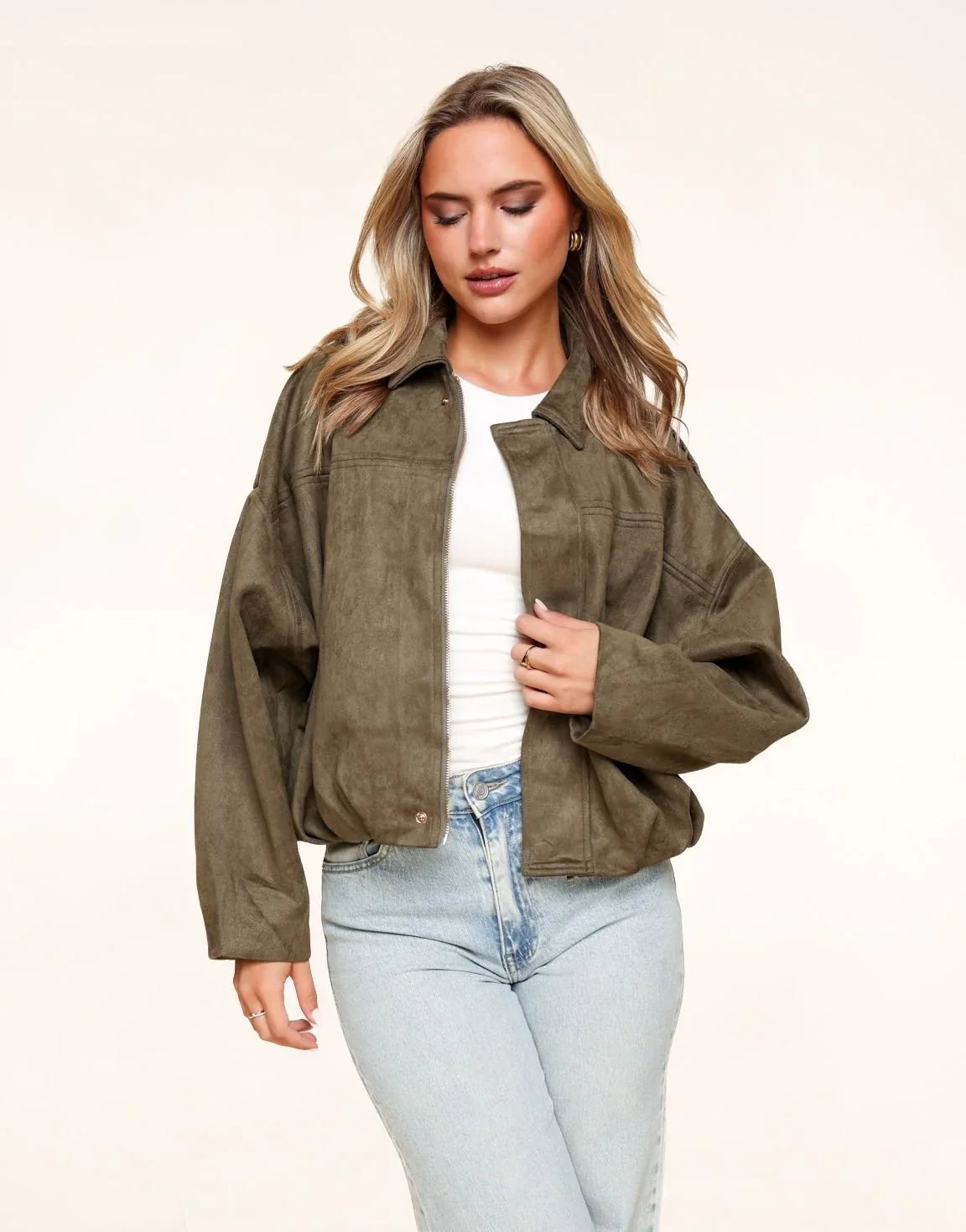 Khaki Suede Bomber Jacket